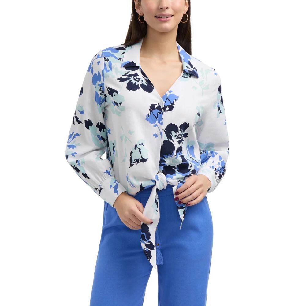 New Ellen Tracey Shirt Small Floral Print Tie Front Azure Bouquet Linen Blend